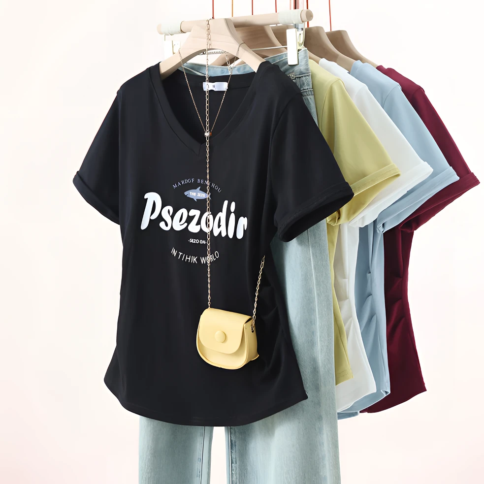 大码藏肉显瘦减龄正肩T恤女夏季2025年新款百搭胖mm遮肚V领上衣