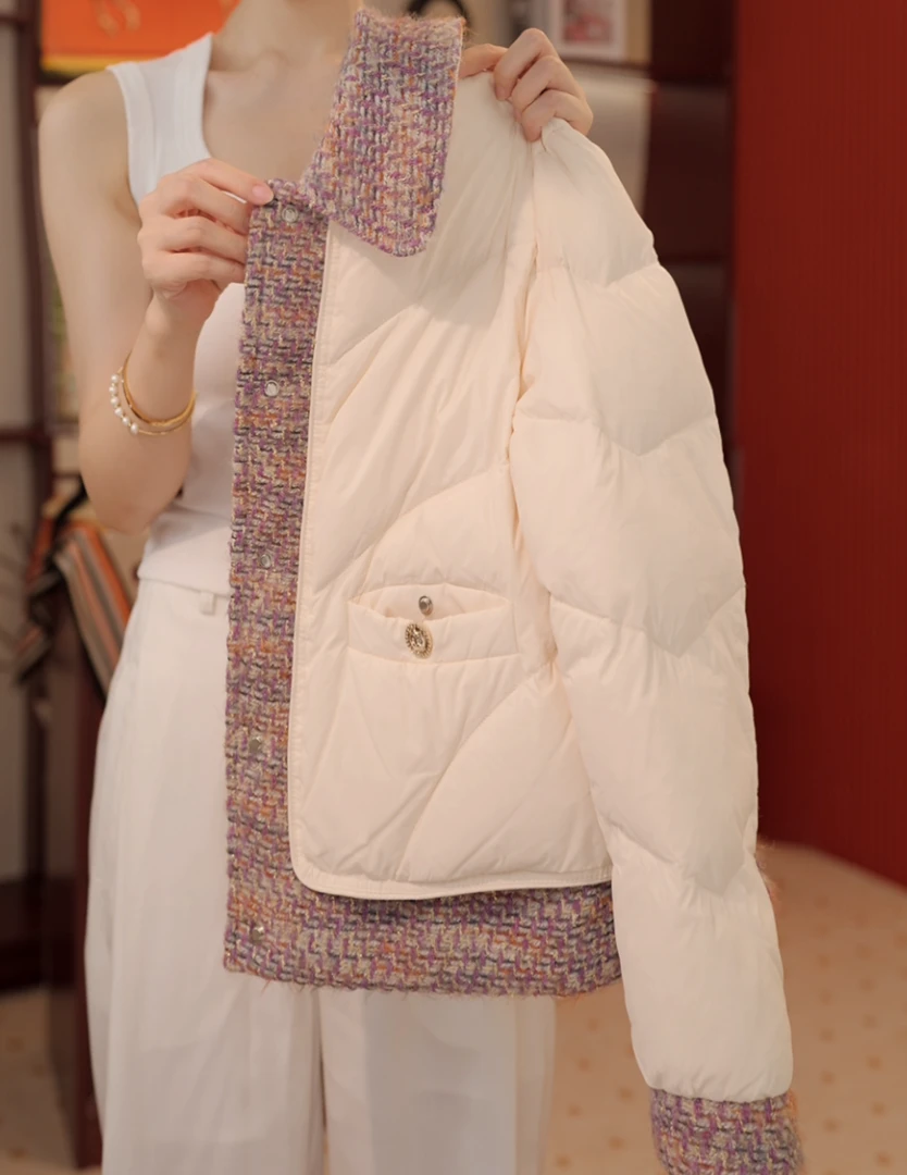 【77】新款白色拼接小短款时尚女士羽绒服百搭洋气显瘦