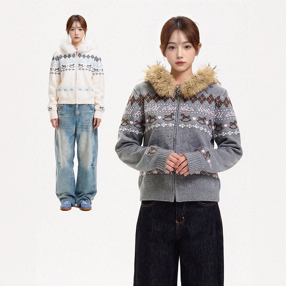 AD1S WPKD1费尔岛毛衣外套美式复古潮牌秋冬情侣大毛领撞色针织衫