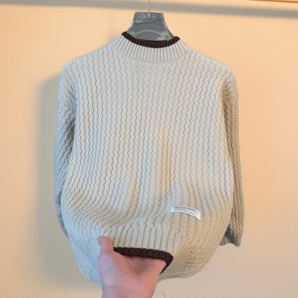 高档新款半高领男士秋冬款毛衣时尚百搭波浪针织打底衫冬季男装