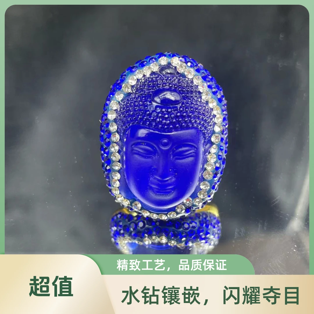 铜合金合成锆石戒指 时尚轻奢百搭手工雕刻宝蓝色佛头精美戒指