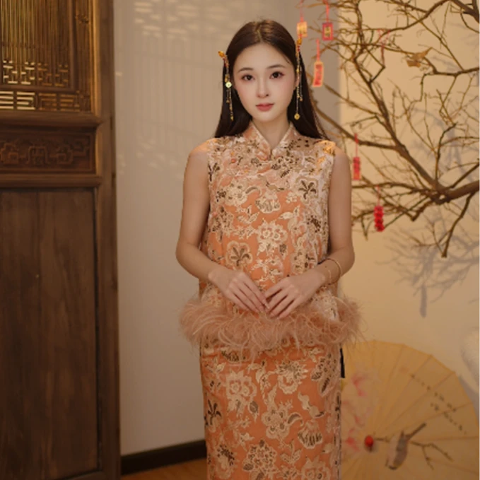 橘影花语2025秋装新款新中式无袖刺绣马甲2025D1351白桦布卓尔仓