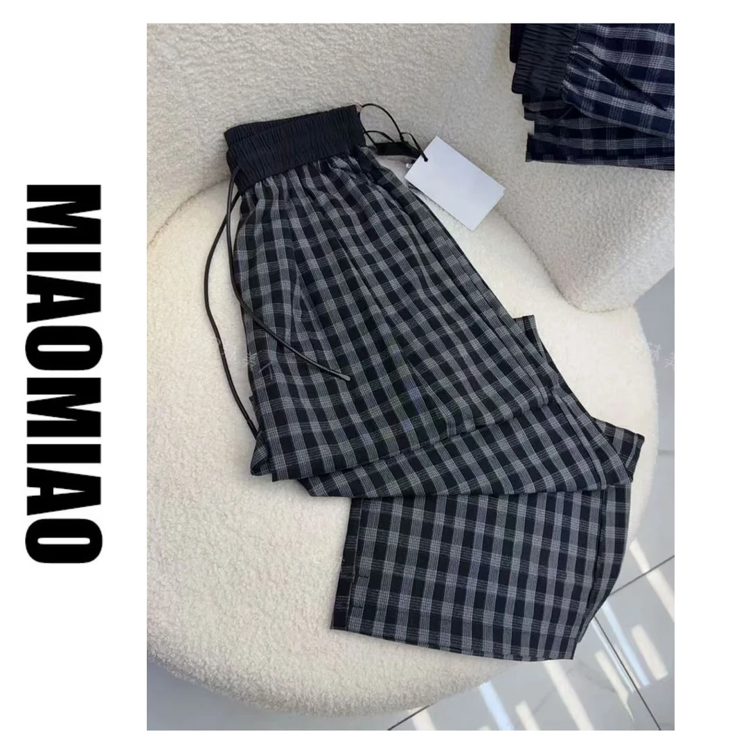 夏季新款九分格子裤女薄款休闲通勤透气高腰显瘦垂感直筒裤#6602