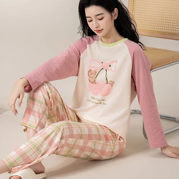 2025年春秋新款长袖女士套头甜美精梳棉睡衣韩版休闲可外出家居服