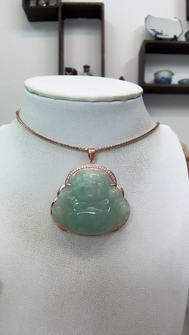 吊坠(赠链)银S925镶嵌翡翠佛公玫瑰边