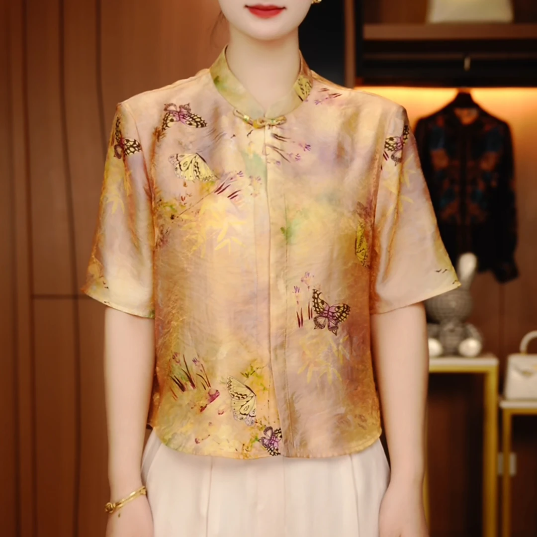 深圳新中式夏季国风上衣上新百搭气质印花款遮肉显瘦短袖-D250684