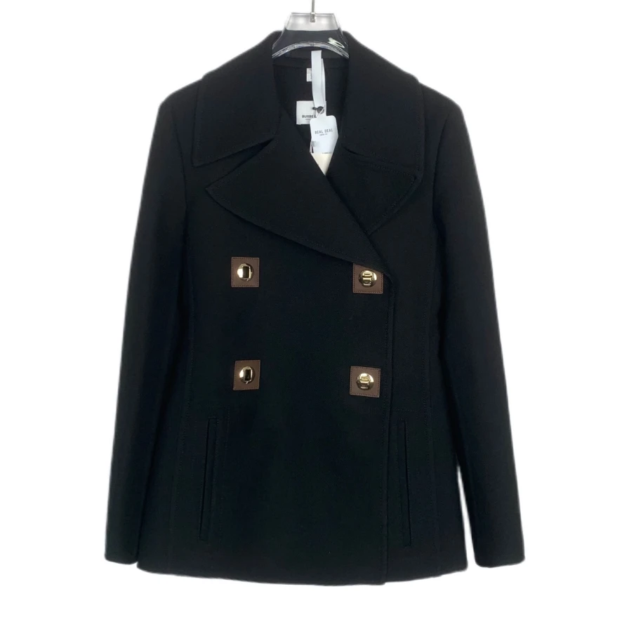 99新 BURBERRY/博柏利 008543 翻领双排扣羊毛呢子外套 黑色 36码