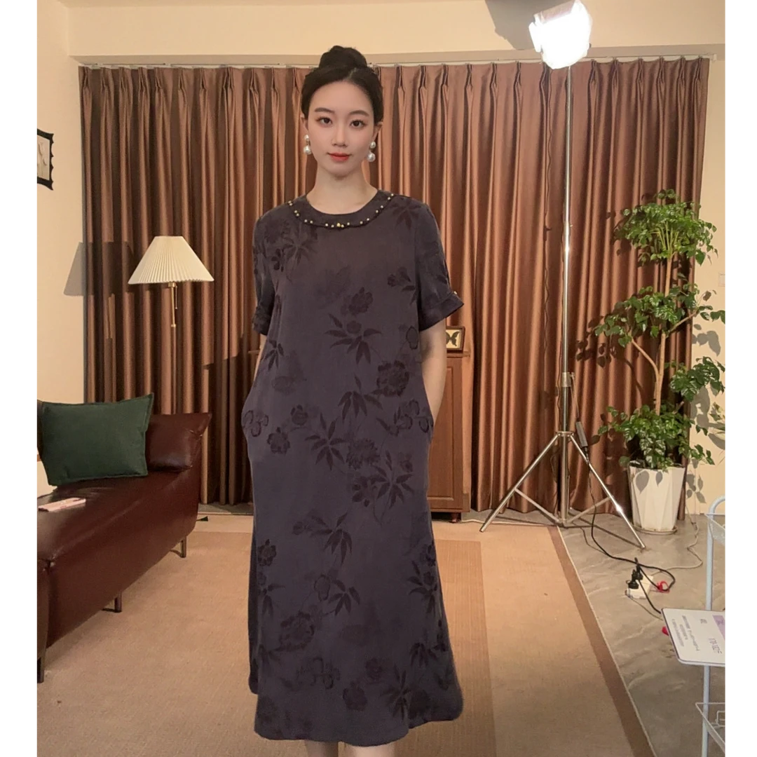 金珠提花高贵紫夏季短袖气质显瘦连衣裙