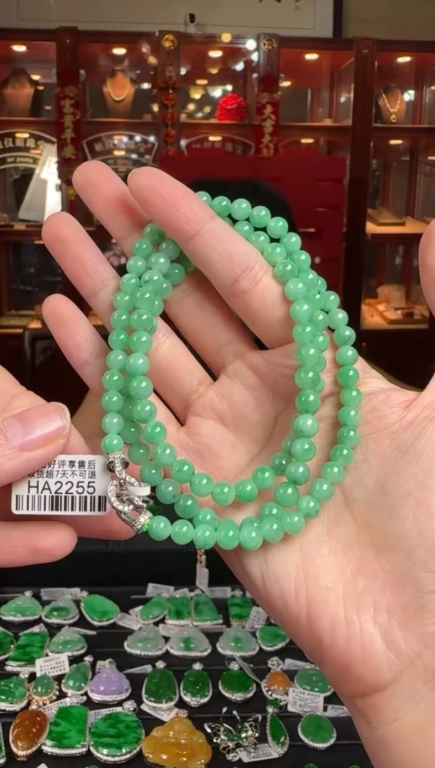 翡翠未镶嵌颈饰HA2255冰绿珠项串卡6-6.6