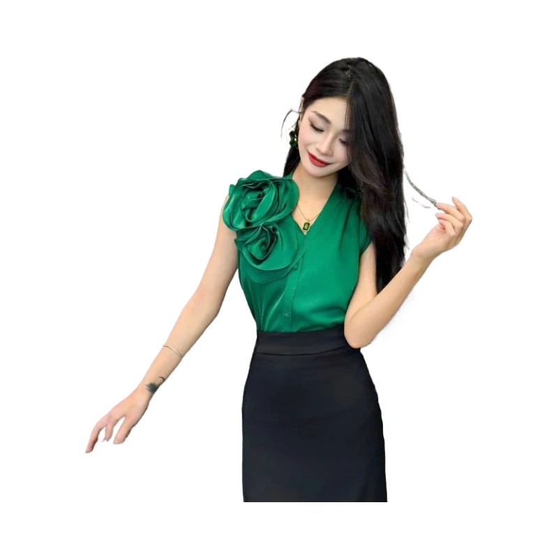 韩思特新款时尚修身褶皱收腰无袖小众V领衬衫宽松百搭气质上衣