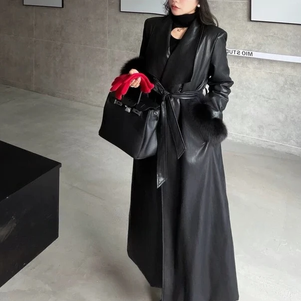 【晨浠定制】新款冬季毛袖长款皮大衣外套36782