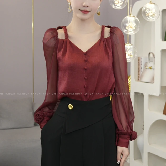 现货2025夏季新款【ZM24-C368】气质法式小众红色镂空设计衬衫上衣