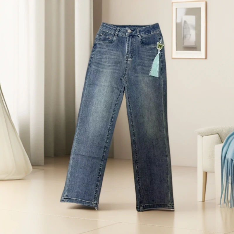 【素境】808蓝色直筒牛仔裤秋季薄款大码高腰遮胯法棍烟管九分裤（4）