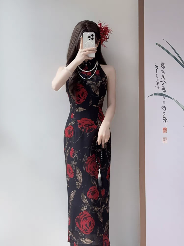 （佩珊）名媛改良旗袍修身气质性感年轻款挂脖绝美新中式日常