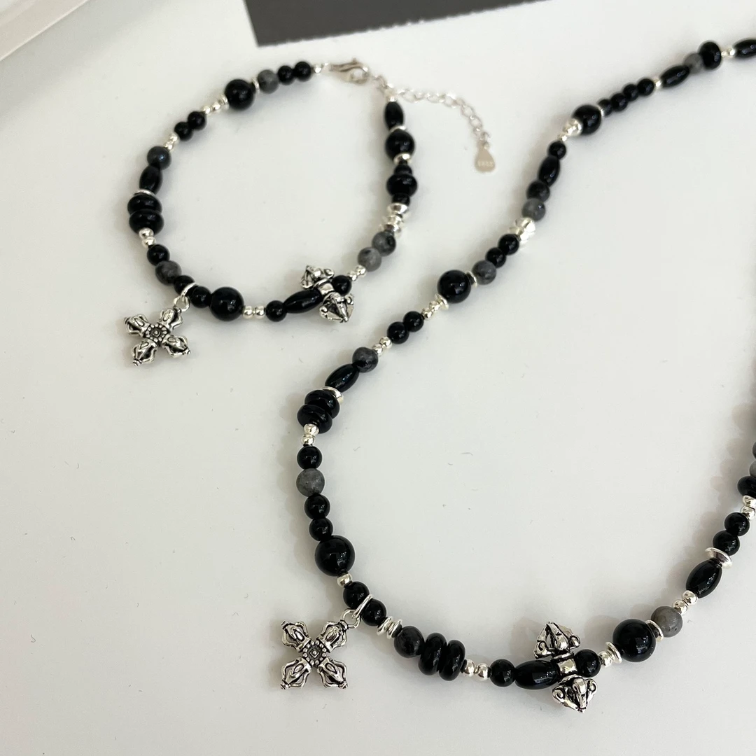 坠链均925银 【玄衣】复古项链纯银黑色手工瑙瑙四方杵珠珠【D4416】