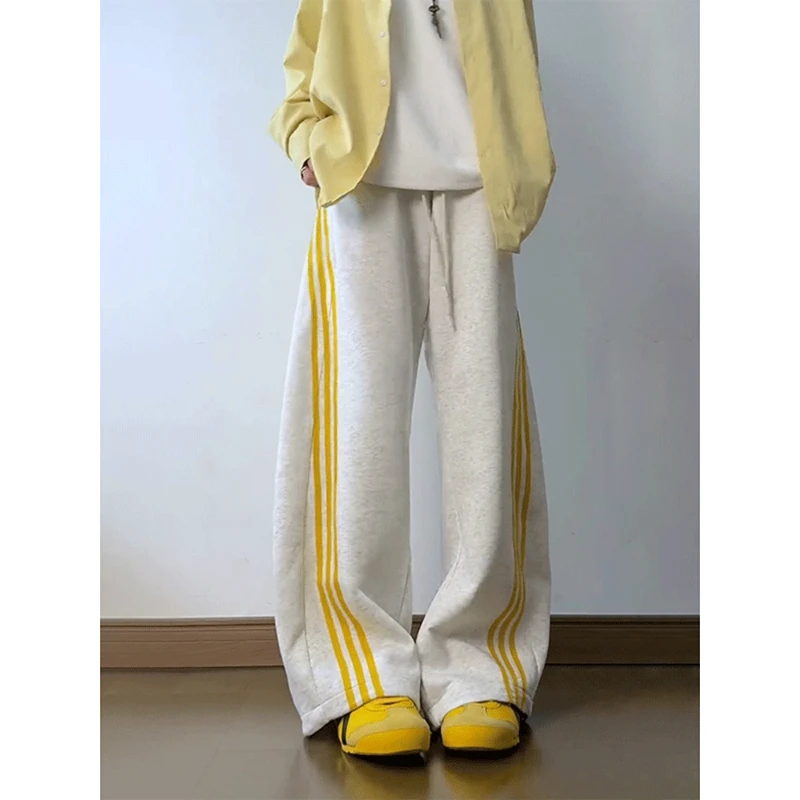 美式重磅三条杠卫裤男款秋季撞色条纹裤子潮牌提裆阔腿弯刀微喇裤