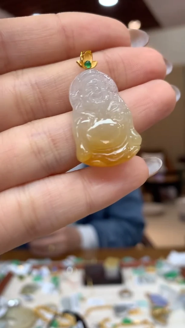 吊坠(不含链)18K金镶嵌翡翠财神