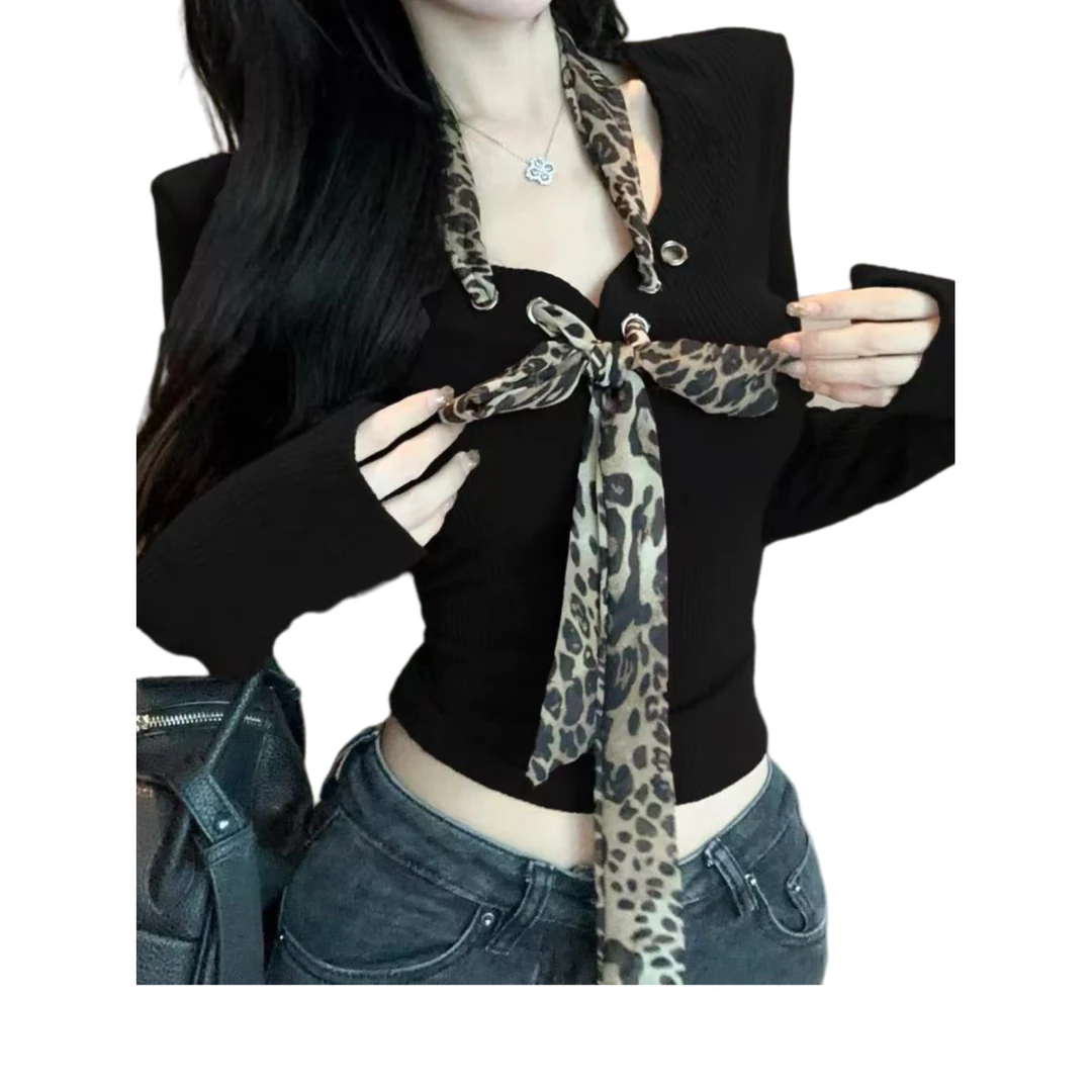 老郭的豹纹飘带挂脖T恤衫 纯欲v领短款上衣