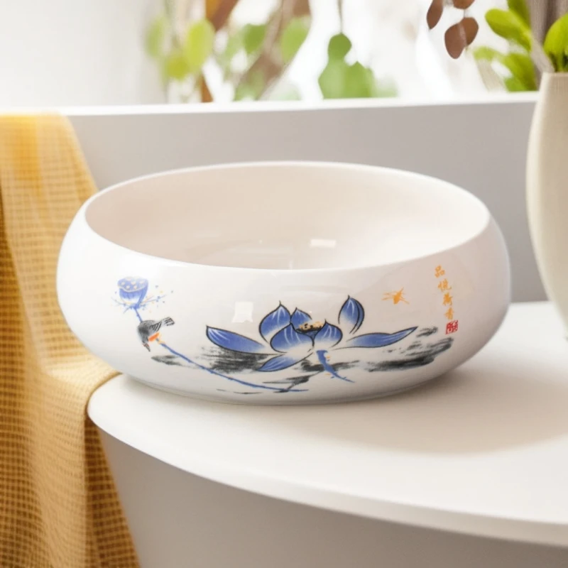 手工玉瓷茶洗荷花陶瓷高档茶具配件茶道茶渣缸水培盆陶瓷花盆大号