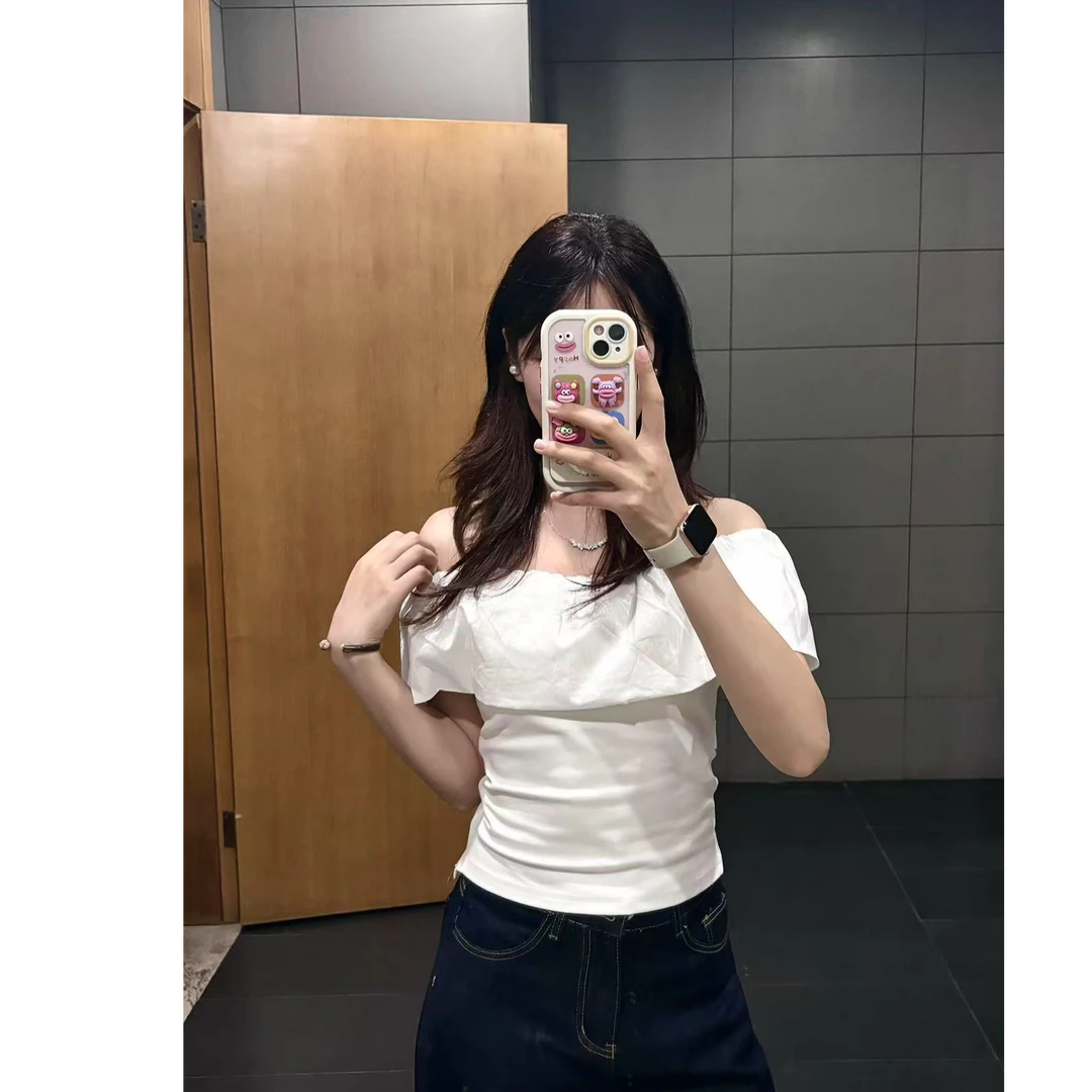 法式复古一字肩露锁骨短袖t恤女夏季纯欲风高级感显瘦百搭上衣潮