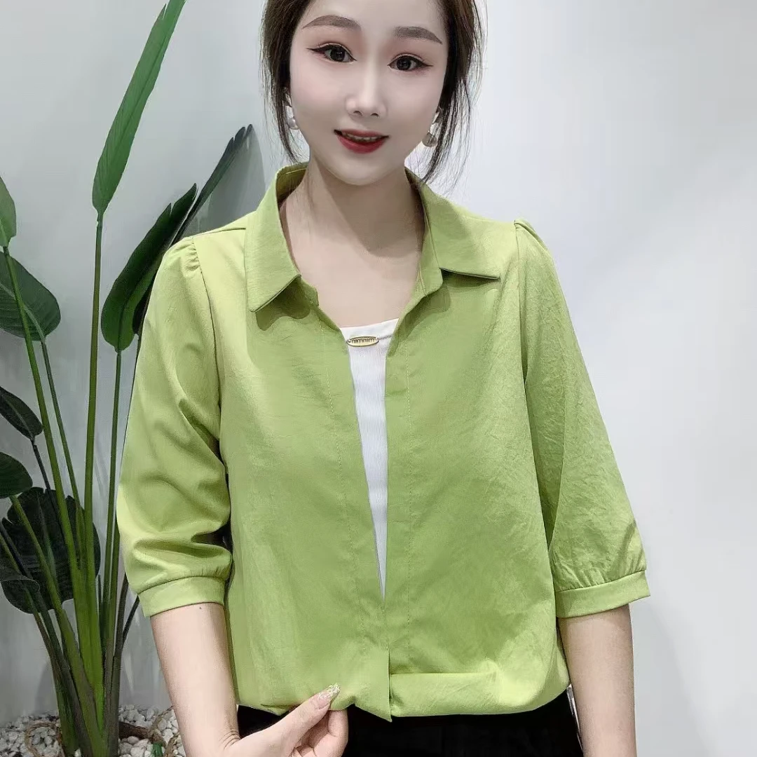 2025春夏新款拼接假两件七分袖衬衫设计洋气百搭女士显瘦宽松上衣