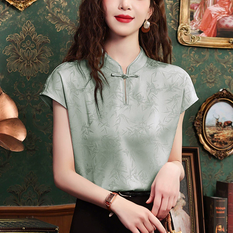 新中式盘扣衬衫女装气质短袖衬衣2025夏季新款国风立领提花小上衣