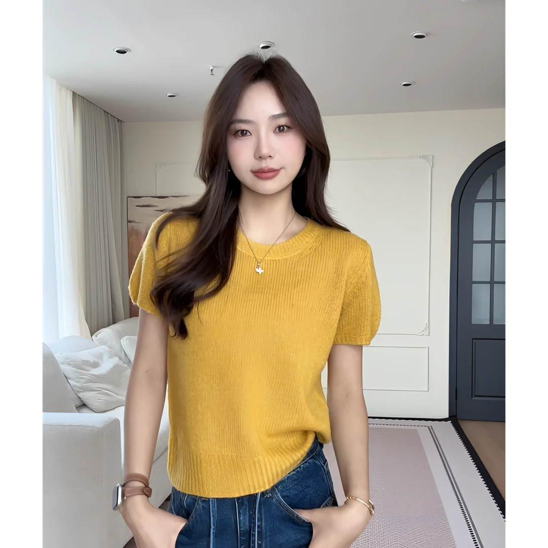 【余欢欢】秋季休闲百搭圆领套头短袖针织衫-YHW50646