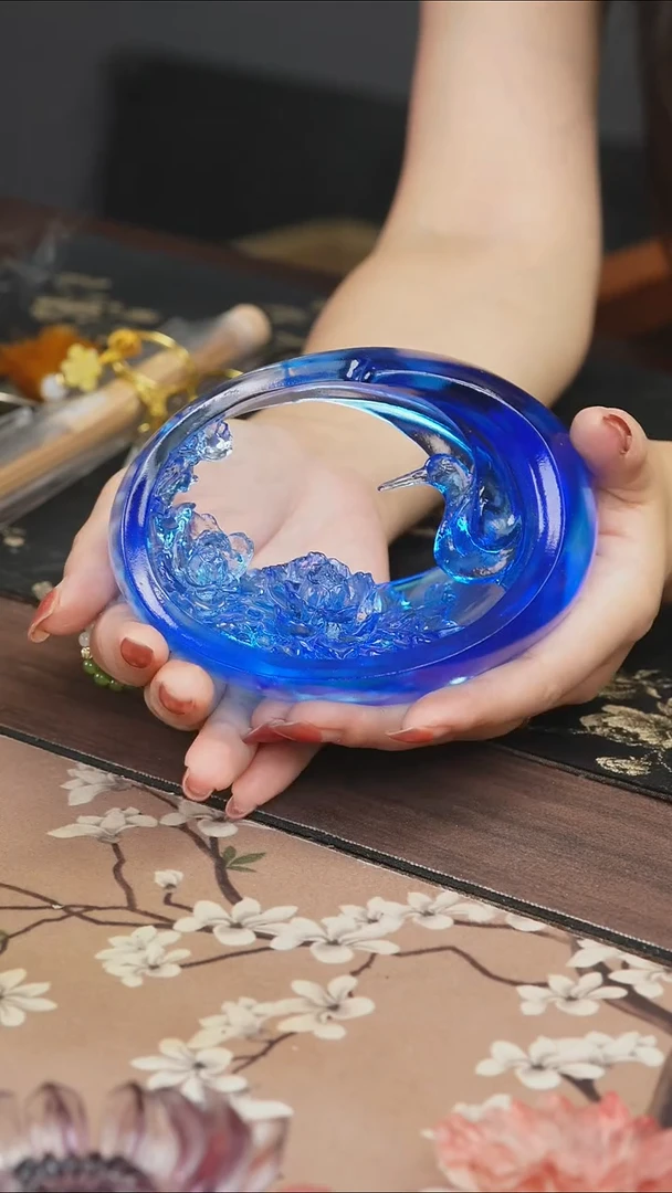 手工艺品琉璃牡丹仙鹤摆件