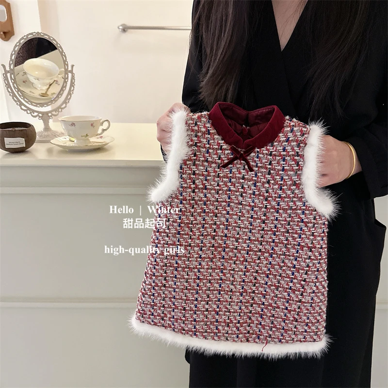 【甜品起司】女童小香风新中式旗袍连衣裙宝宝冬季过年生日背心裙