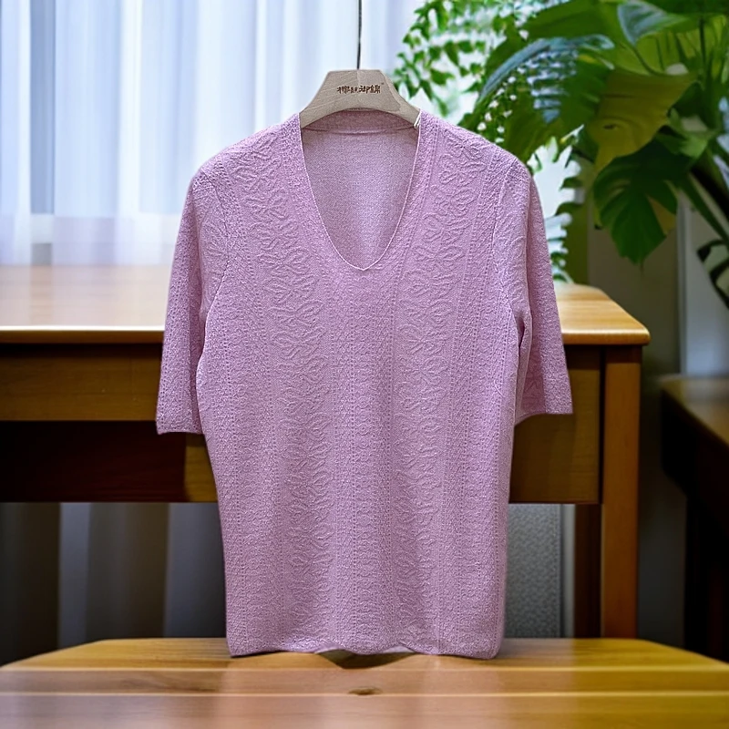 櫟丝御锦柞蚕丝女款V领半袖时尚百搭夏季针织套头简约休闲 1627