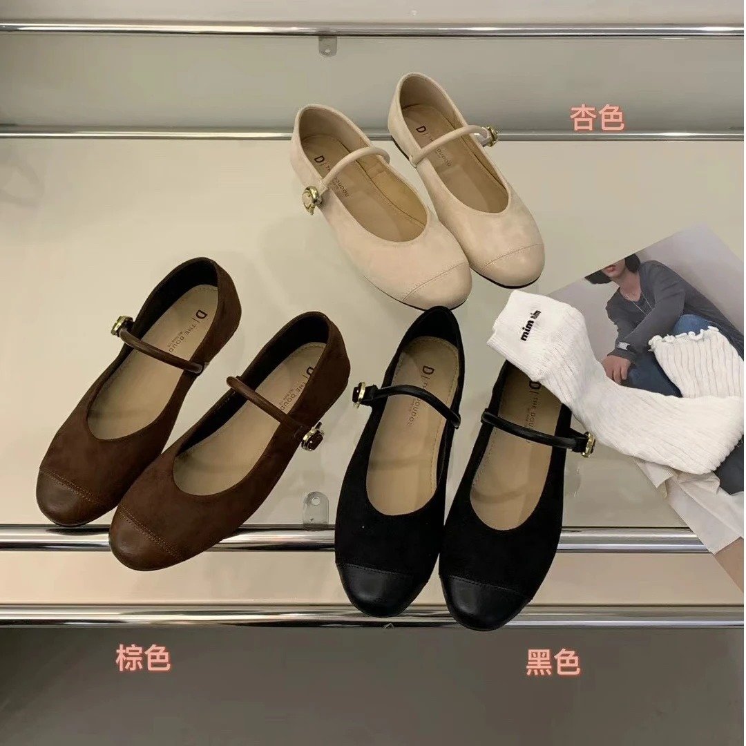 单鞋平底一字式扣带玛丽珍鞋耐磨棕色女鞋杏色复古皮鞋瓢鞋新款
