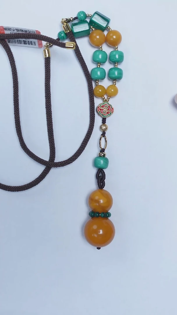 未镶嵌颈饰琥珀花蜡葫芦孔雀石项链