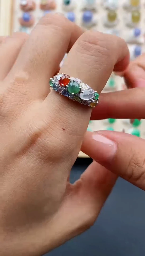 翡翠戒指银S925镶嵌缅甸天然A货翡翠111   8-9