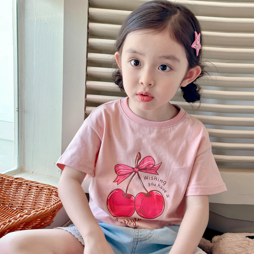 现货【粉色樱桃T】80棉5397夏装女童T恤甜美时尚短袖女宝百搭上衣