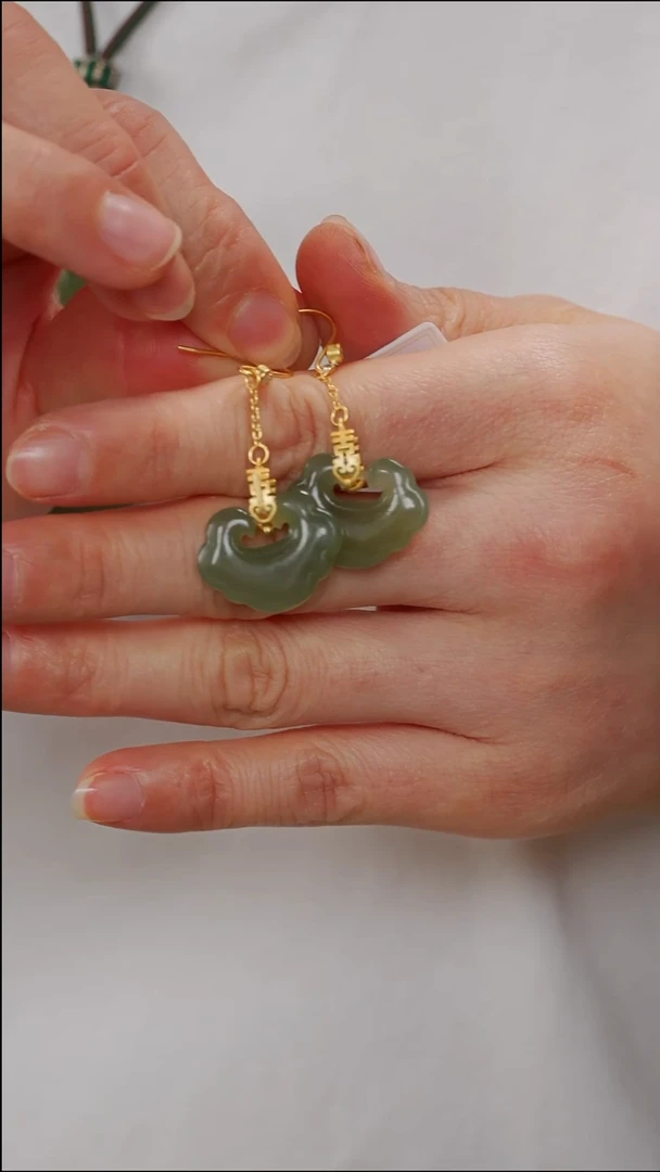 和田玉银S925镶嵌耳饰78【】