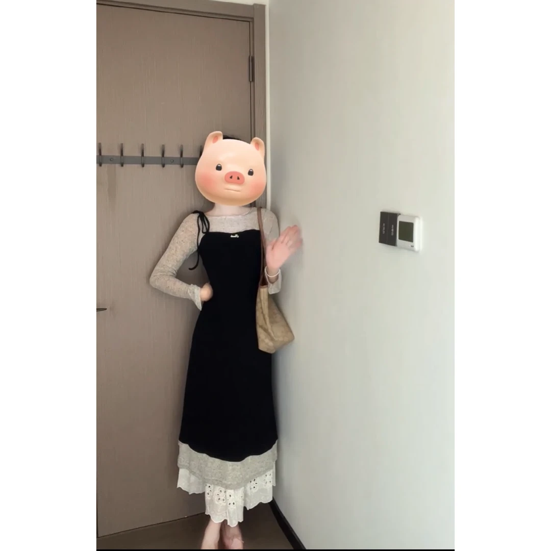 2025秋冬法式气质拼接假两件圆领连衣裙女修身喇叭袖系带裙子冬季