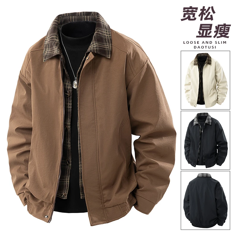 假两件翻领夹克青少年潮流港风美式男士休闲宽松大码设计感外套男