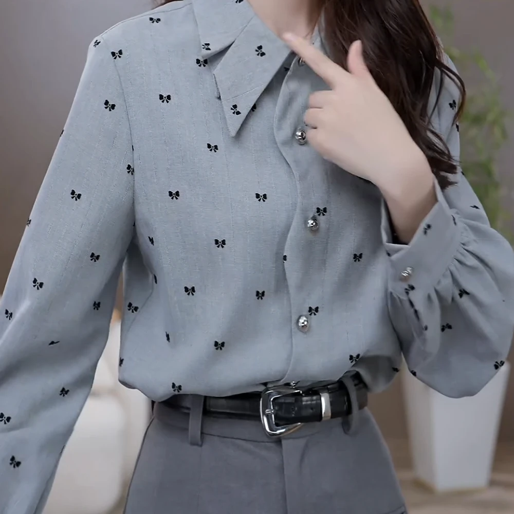 气质小清新蝴蝶结印花衬衫2025秋季新款上衣时尚休闲夏季翻领