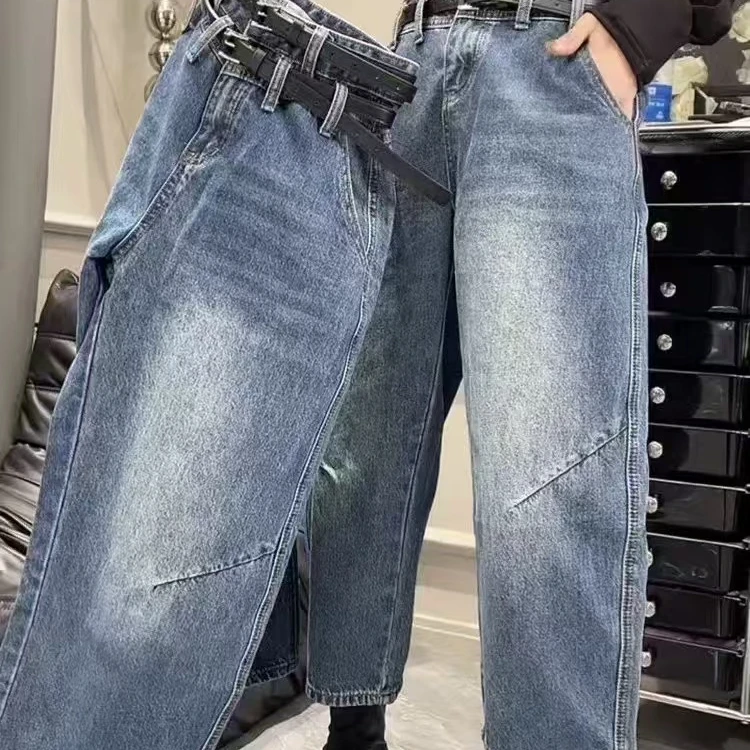 2025欧货复古牛仔裤女春季爆款大码胖mm梨形身材加厚设计感阔腿裤