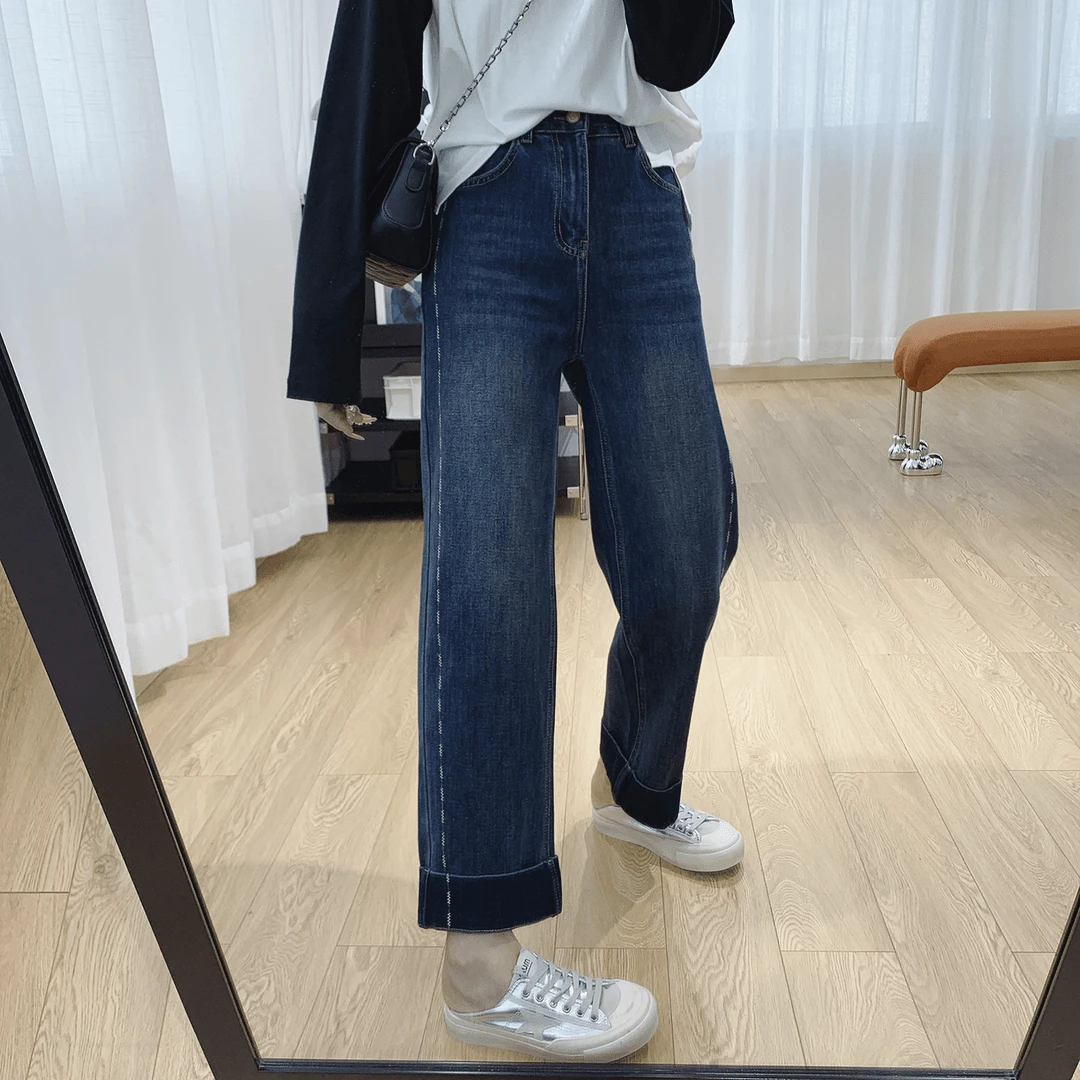 翻边刺绣大码高腰显瘦牛仔裤女秋季款梨形身材弹力百搭九分直筒裤