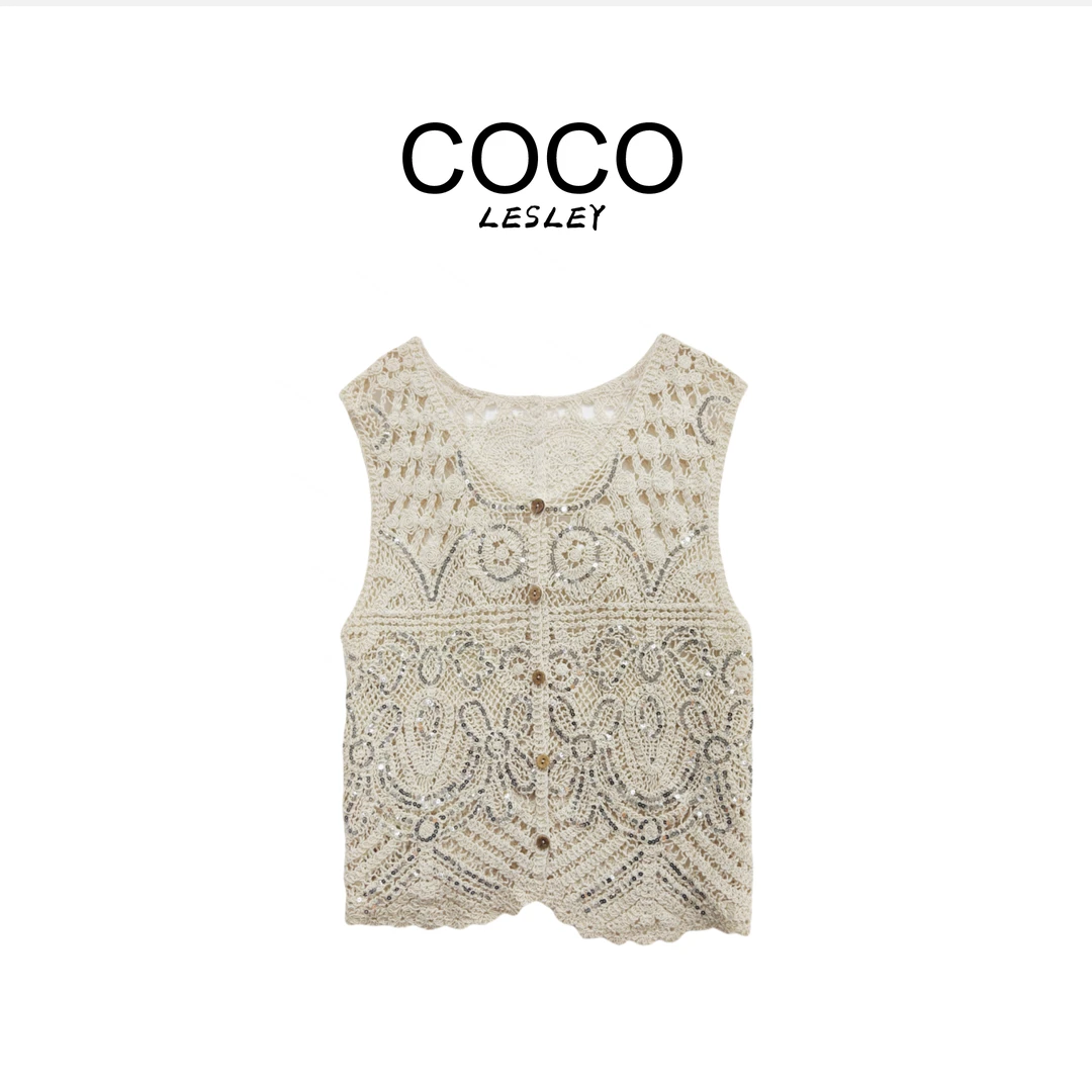 镂空钩花亮片缀饰复古纽扣无袖开衫msl288