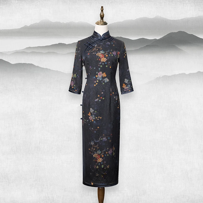 琉婉 手工旗袍秋季新款长袖复古贵气长款日常可穿连衣裙桑蚕丝