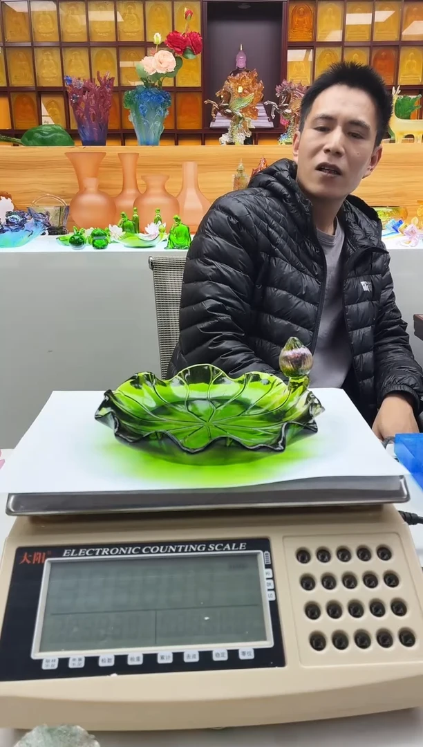 手工艺品琉璃绿色荷叶果盘20公分