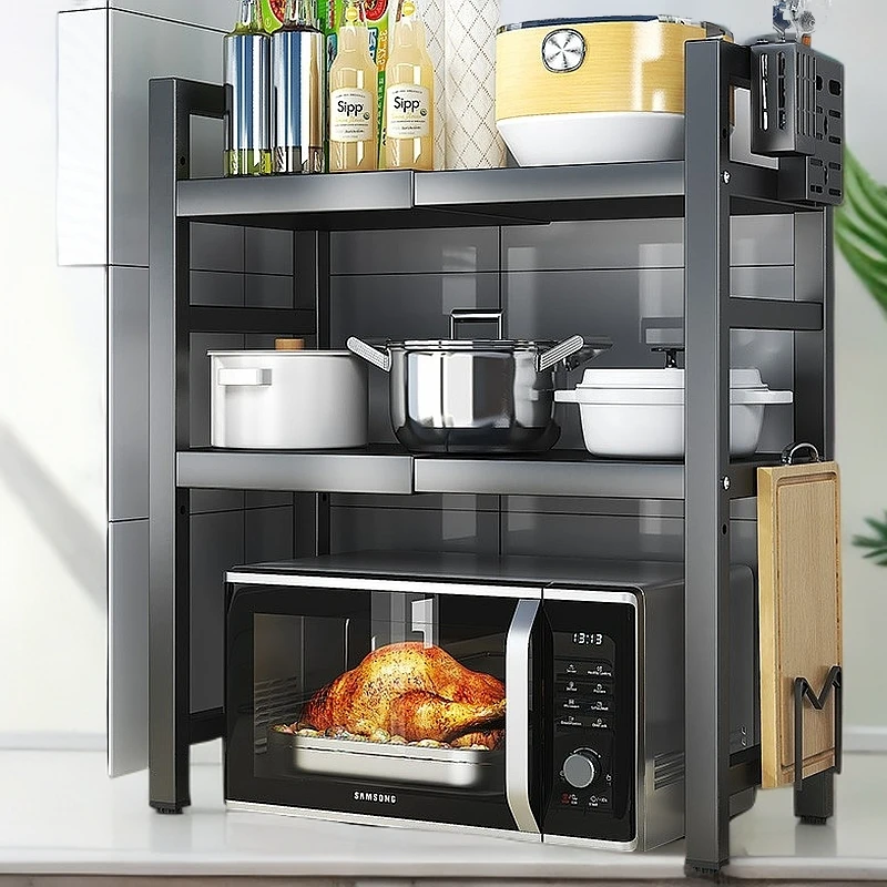 厨房置物架微波炉烤箱架子家用可伸缩双层新款家用电饭锅收纳支架