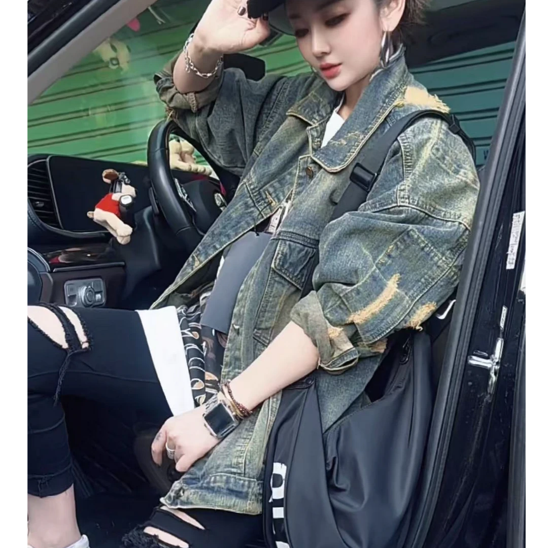 阿娟家9932重工破洞特色复古牛仔外套