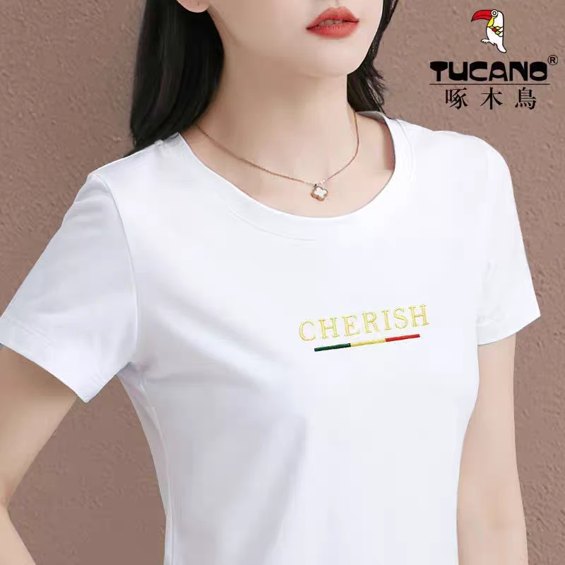 啄木鸟正品高端纯棉短袖t恤女装2025新款潮夏季爆款显瘦正肩上衣