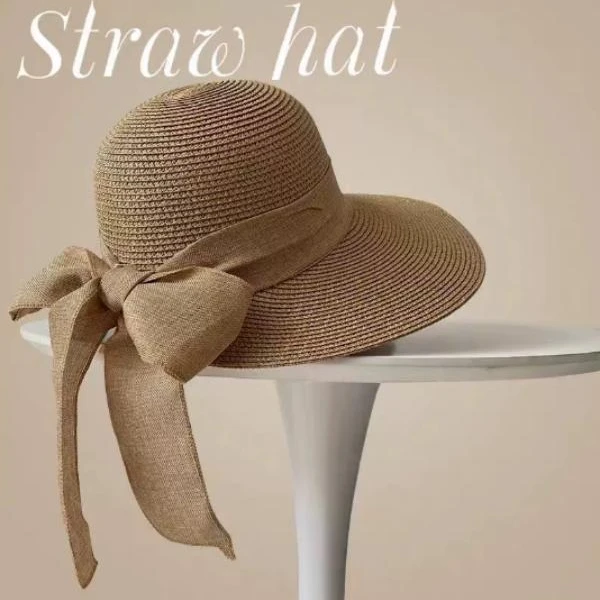 帽子女夏季户外海边大檐防晒遮阳草帽蝴蝶结沙滩帽折叠编织太阳帽