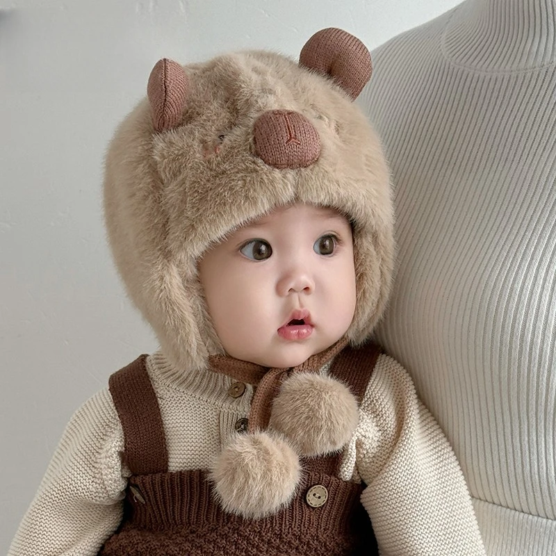 新款卡通婴儿护耳帽冬季加厚加绒宝宝防风帽可爱超萌小幼童风雪帽