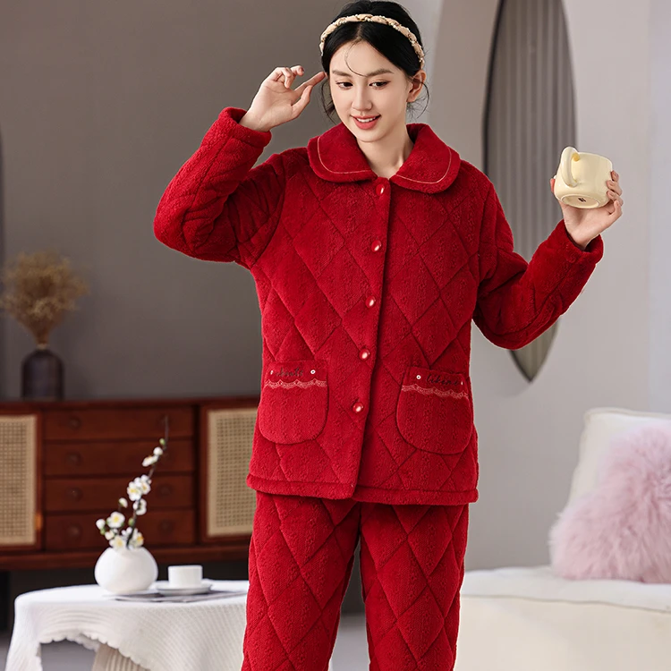 睡衣家居服套装女保暖家居服加绒长袖加厚冬款冬天套装