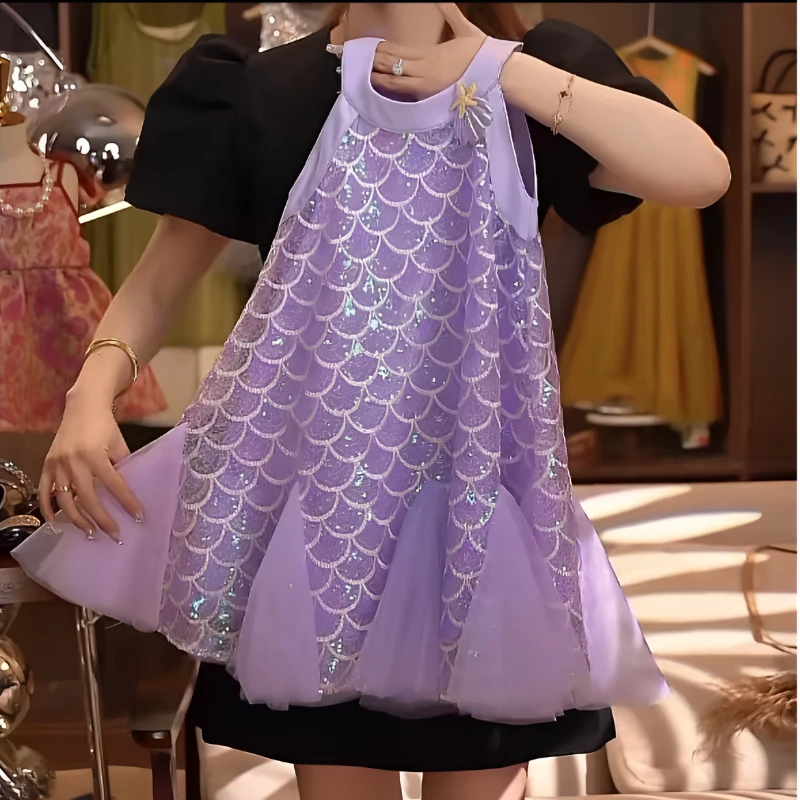 [现货]女童连衣裙夏装2025洋气美人鱼挂脖背心裙女宝宝超仙亮片
